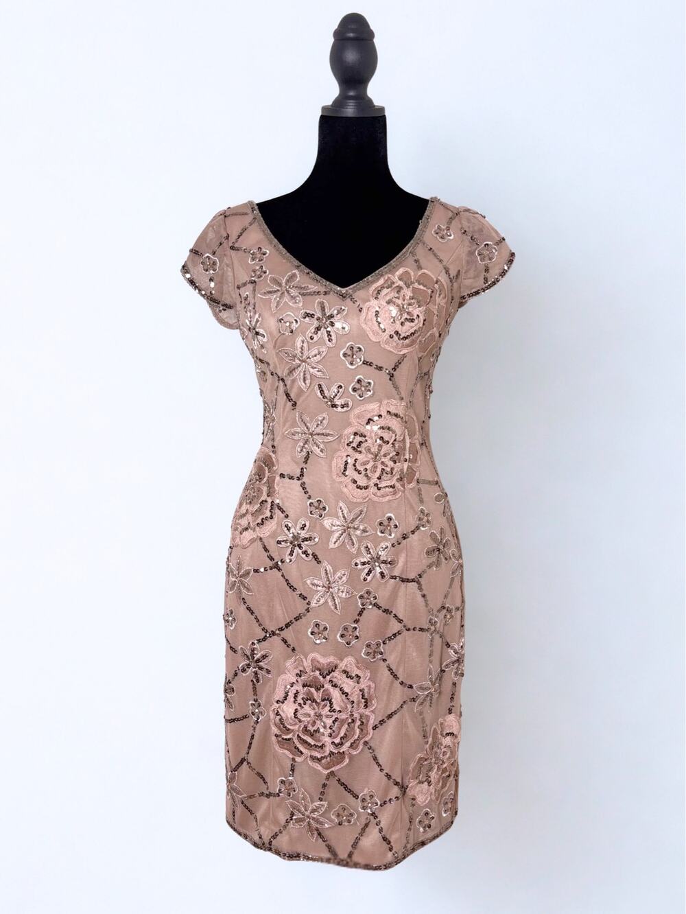 Sue Wong Nocturne Peach Beige Sequined Beaded Scoop Back Minidress Size S
